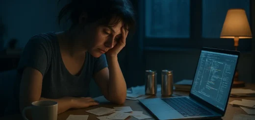 Exhausted freelance designer at 3 AM in a dimly lit home office, resting her head on her hand, surrounded by cluttered desk, cold coffee, energy drinks, and glowing laptop screen — visualizing burnout in 2025