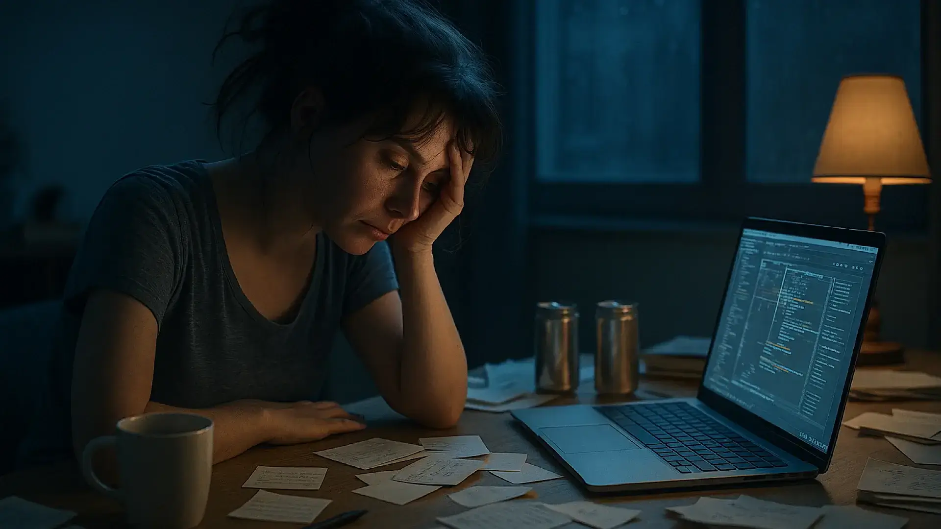 Exhausted freelance designer at 3 AM in a dimly lit home office, resting her head on her hand, surrounded by cluttered desk, cold coffee, energy drinks, and glowing laptop screen — visualizing burnout in 2025