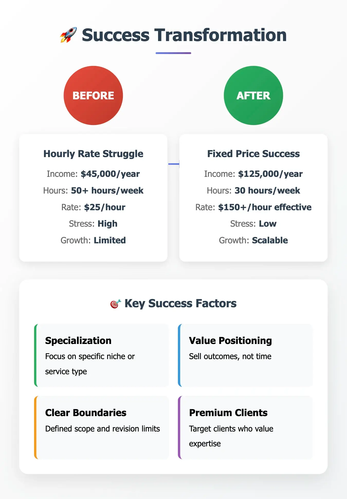 Visual showing a freelancer's transformation from hourly billing ($45K/year, 50+ hrs/week, $25/hr) to fixed pricing success ($125K/year, 30 hrs/week, $150+/hr) and key success factors.