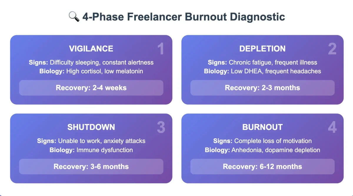 Infographic showing the 4 phases of freelancer burnout in 2025: Vigilance, Depletion, Shutdown, Burnout with signs, biology, and recovery timeline.