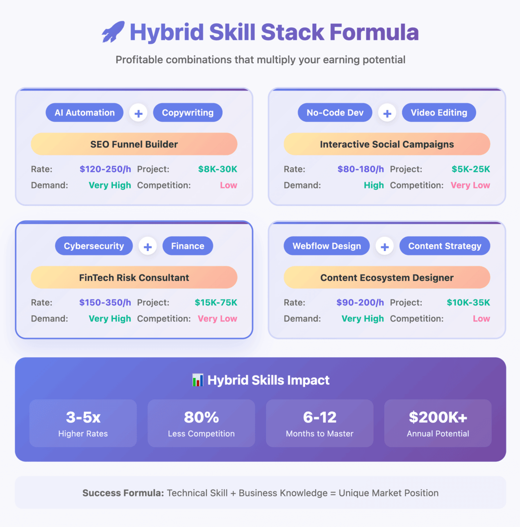 Hybrid skill stack formula showing profitable freelancing niche combinations in 2025 with rates, demand, competition and project value