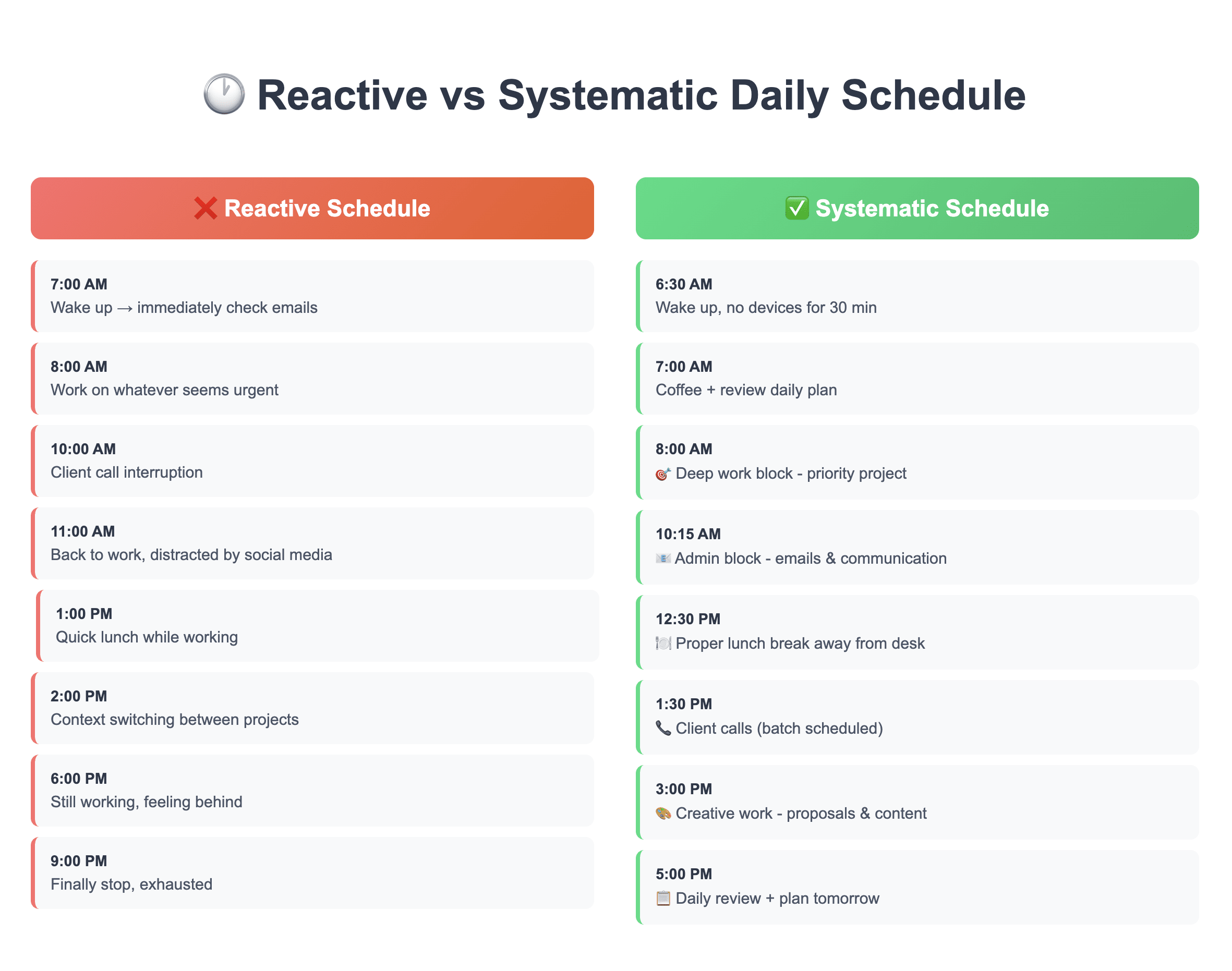Side-by-side comparison of a reactive vs systematic freelance daily schedule for better productivity