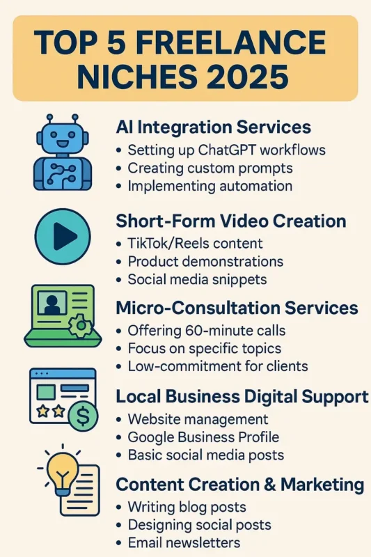 Infographic showing the top 5 freelance niches in 2025, including AI services, video editing, micro-consulting, content writing, and local digital marketing. Ideal for beginners who want to start freelancing without experience.