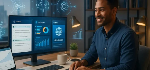 Professional freelancer using AI tools in a modern 2025 workspace, featuring ChatGPT, Notion AI, and analytics dashboards on a large monitor with a clean, tech-enhanced desk setup