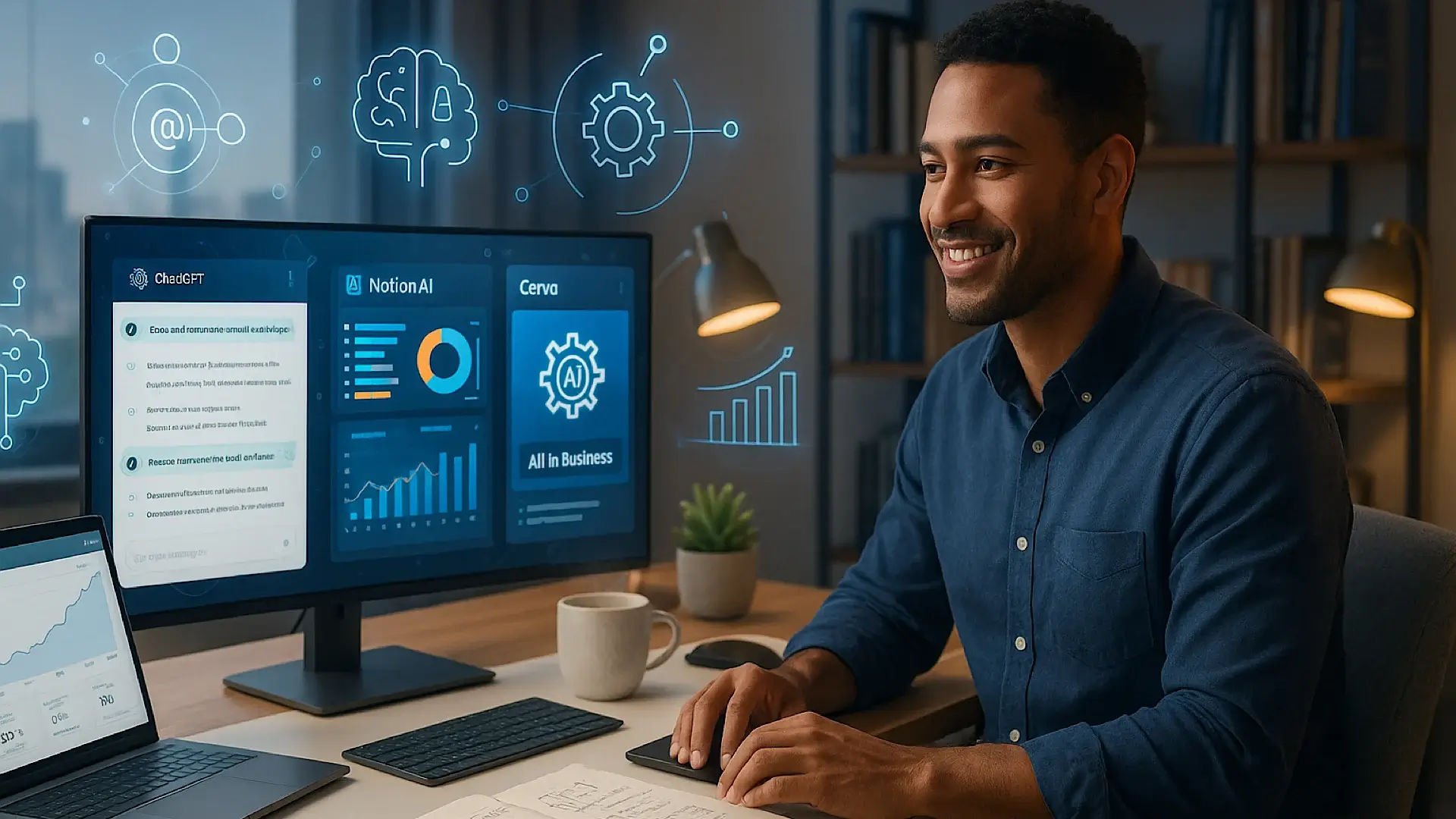 Professional freelancer using AI tools in a modern 2025 workspace, featuring ChatGPT, Notion AI, and analytics dashboards on a large monitor with a clean, tech-enhanced desk setup