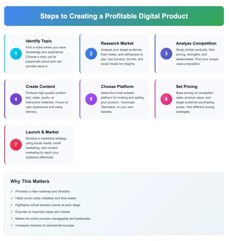 Infographic showing 7 key steps to creating profitable digital products for freelancers in 2025, including topic selection, market research, content creation, pricing, and marketing.