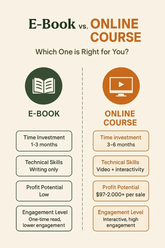 Comparison infographic of e-books vs. online courses showing differences in time, technical skills, profit potential, and engagement.