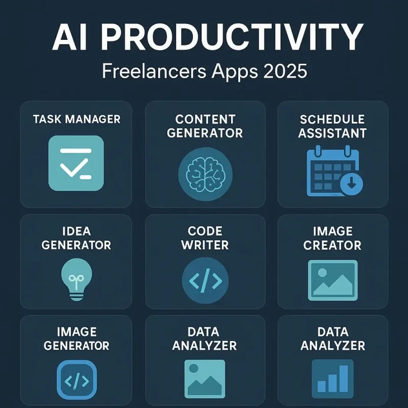 Infographic showing 9 categories of AI productivity apps for freelancers in 2025, including task managers, content generators, schedulers, and data analyzers.