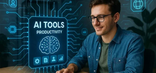 Freelancer using AI tools on a laptop to boost productivity in 2025, with a digital interface showing AI productivity icons.