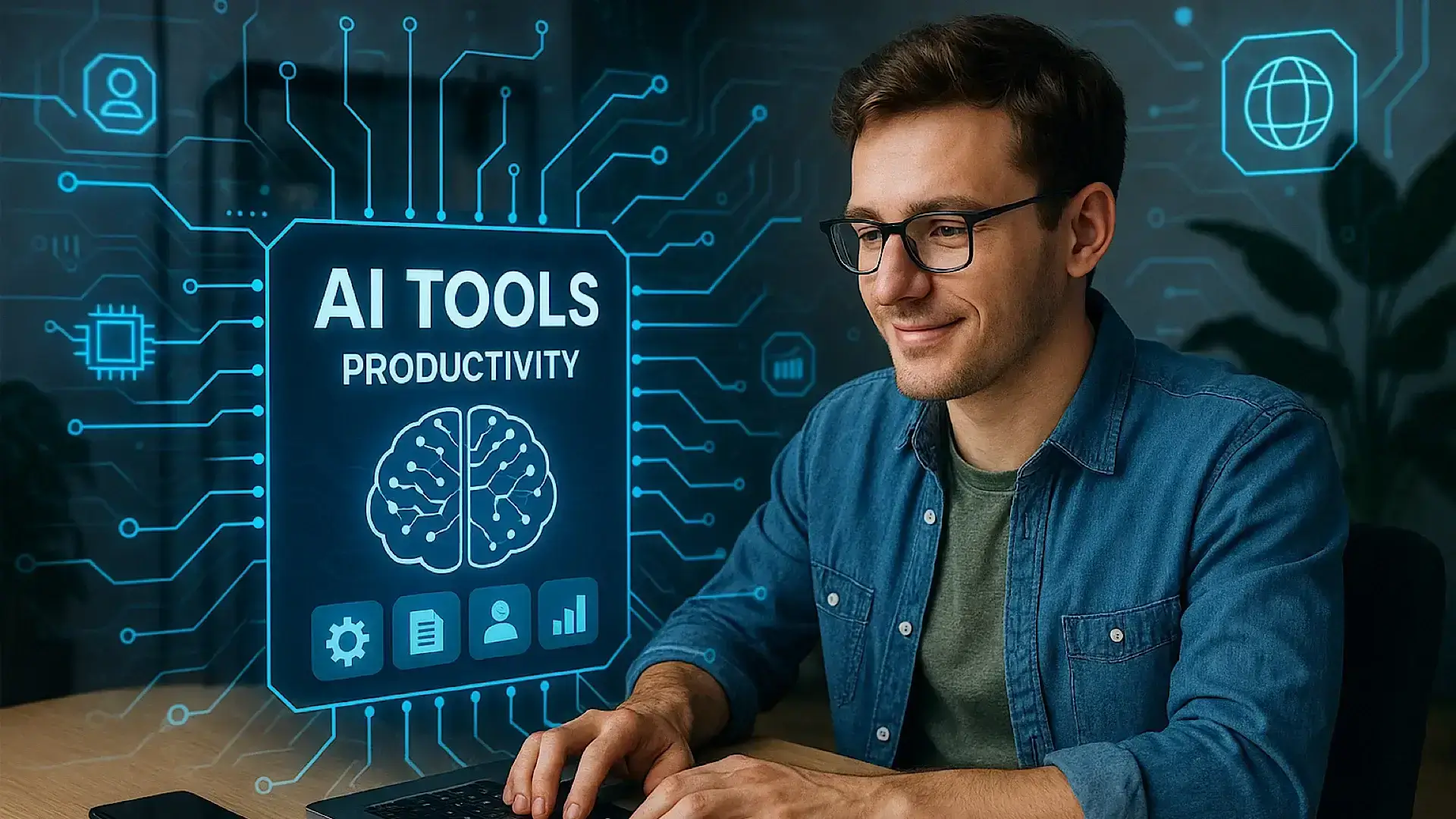 Freelancer using AI tools on a laptop to boost productivity in 2025, with a digital interface showing AI productivity icons.