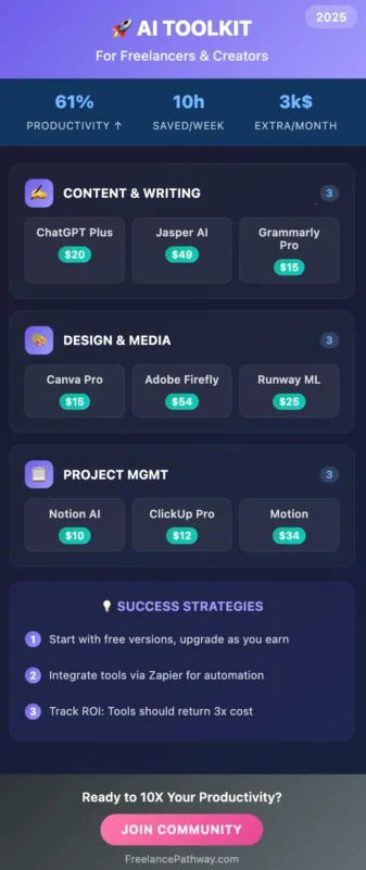 Infographic of best AI tools for freelancers 2025 grouped by category with prices and strategies
