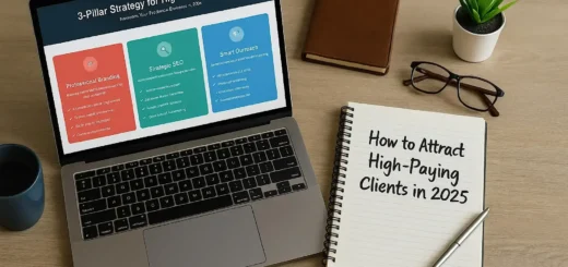 Realistic workspace photo showing the 3-pillar strategy for how to attract high-paying clients in 2025 with a laptop, notebook, and coffee on a clean wooden desk