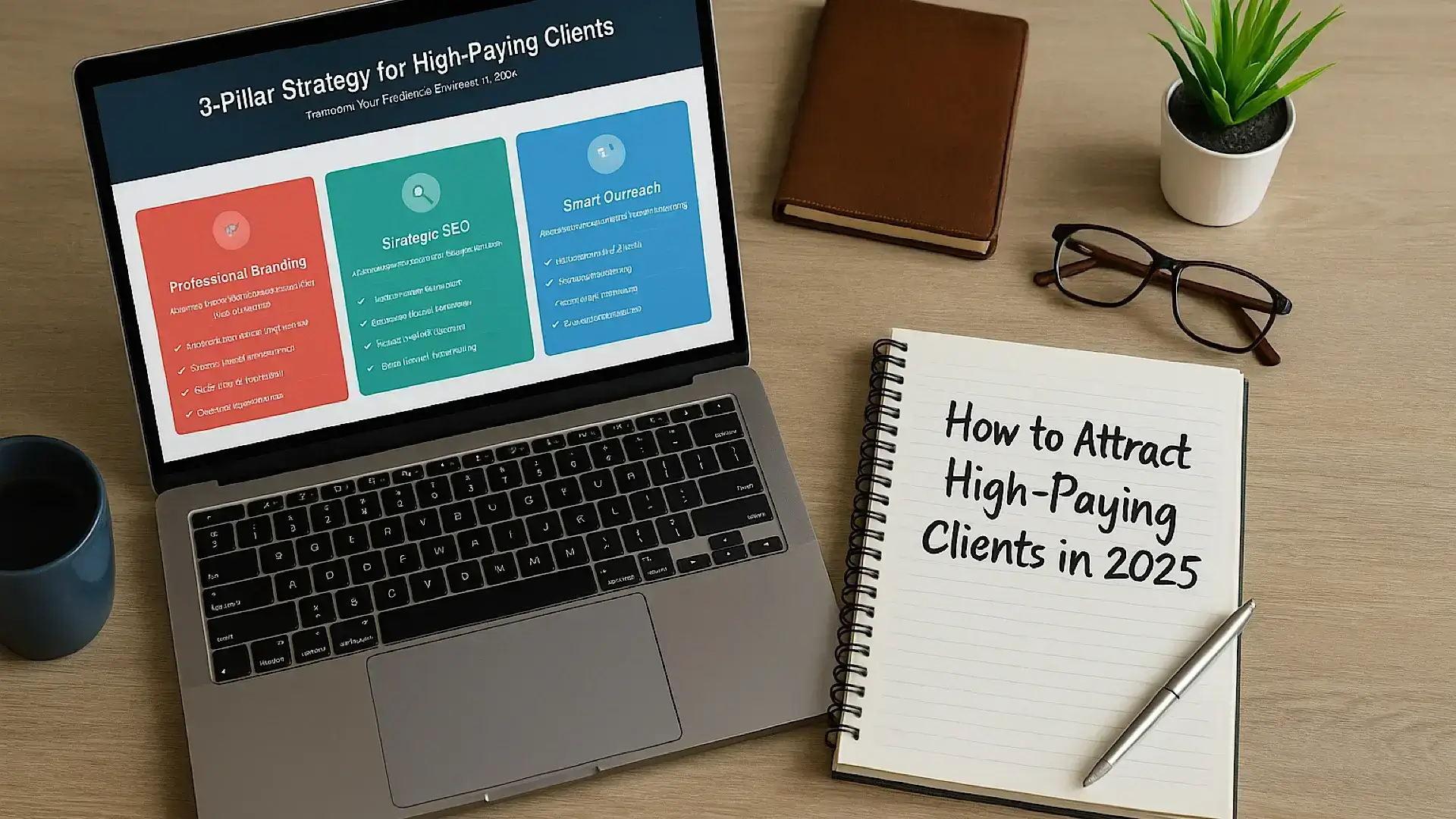 Realistic workspace photo showing the 3-pillar strategy for how to attract high-paying clients in 2025 with a laptop, notebook, and coffee on a clean wooden desk