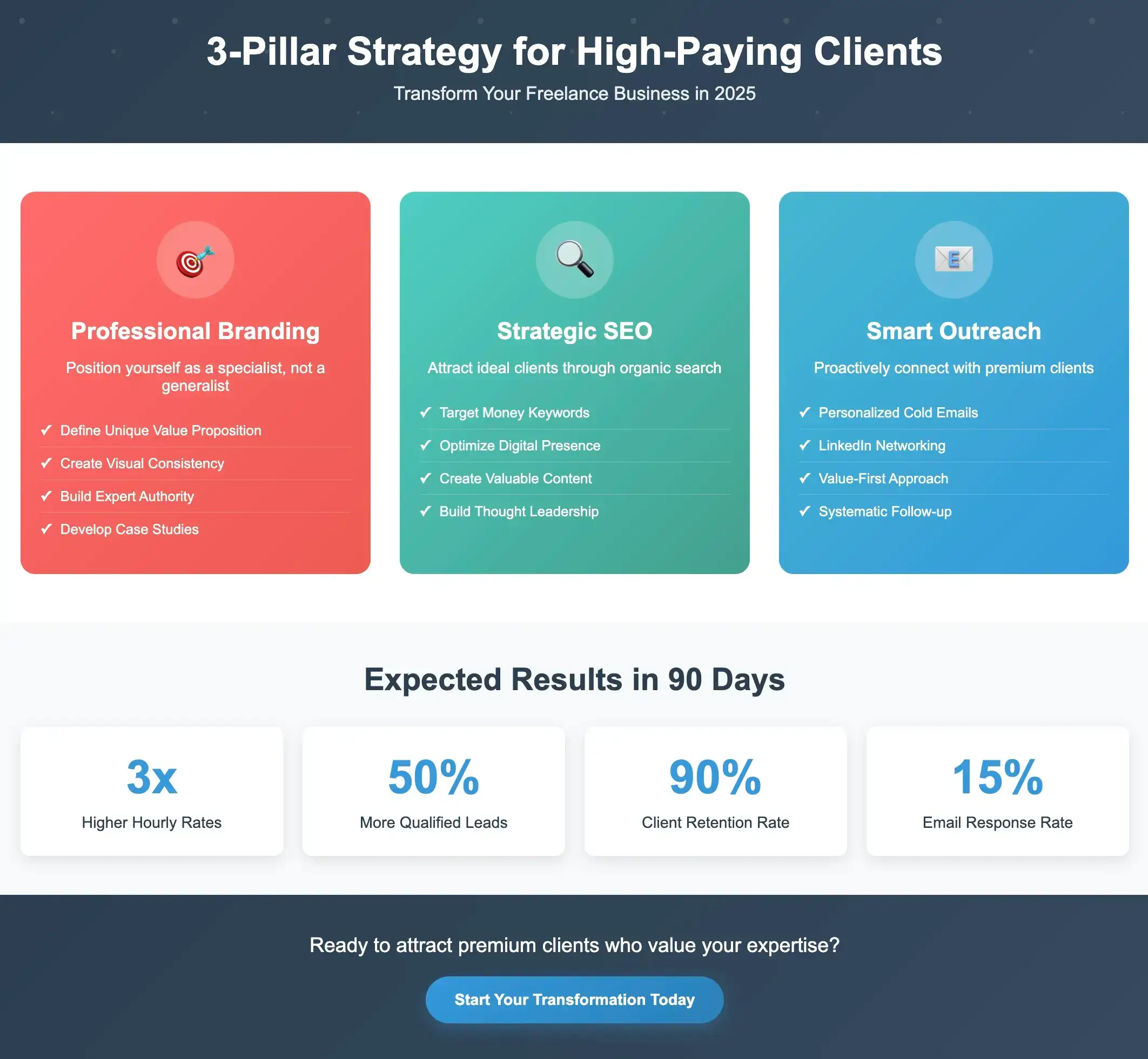 3-Pillar Strategy visual showing how to attract high-paying clients in 2025 through branding, SEO and outreach