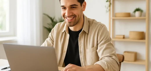 Bright modern home workspace with laptop, coffee, and natural light — symbolizing freelance productivity and balance in 2025