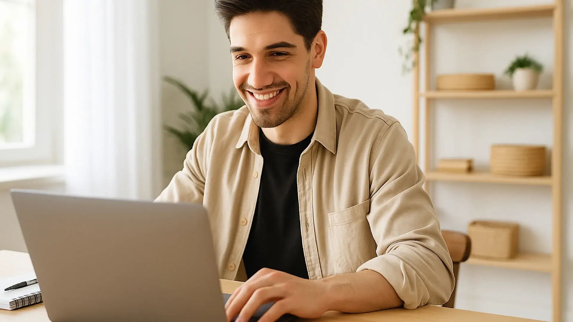 Bright modern home workspace with laptop, coffee, and natural light — symbolizing freelance productivity and balance in 2025