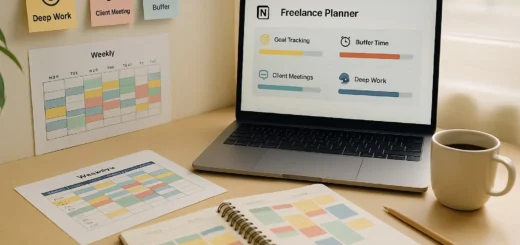 A real-life freelancer’s workspace in 2025 with a digital weekly calendar on a laptop, color-coded time blocks, sticky notes, an analog planner next to a coffee cup, and soft natural light from a nearby window — representing a freelance weekly planning system.