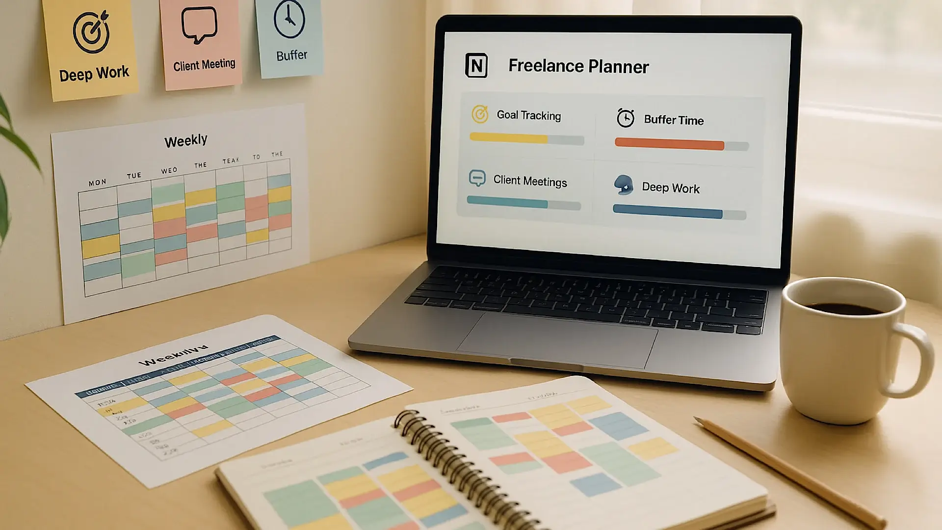 A real-life freelancer’s workspace in 2025 with a digital weekly calendar on a laptop, color-coded time blocks, sticky notes, an analog planner next to a coffee cup, and soft natural light from a nearby window — representing a freelance weekly planning system.