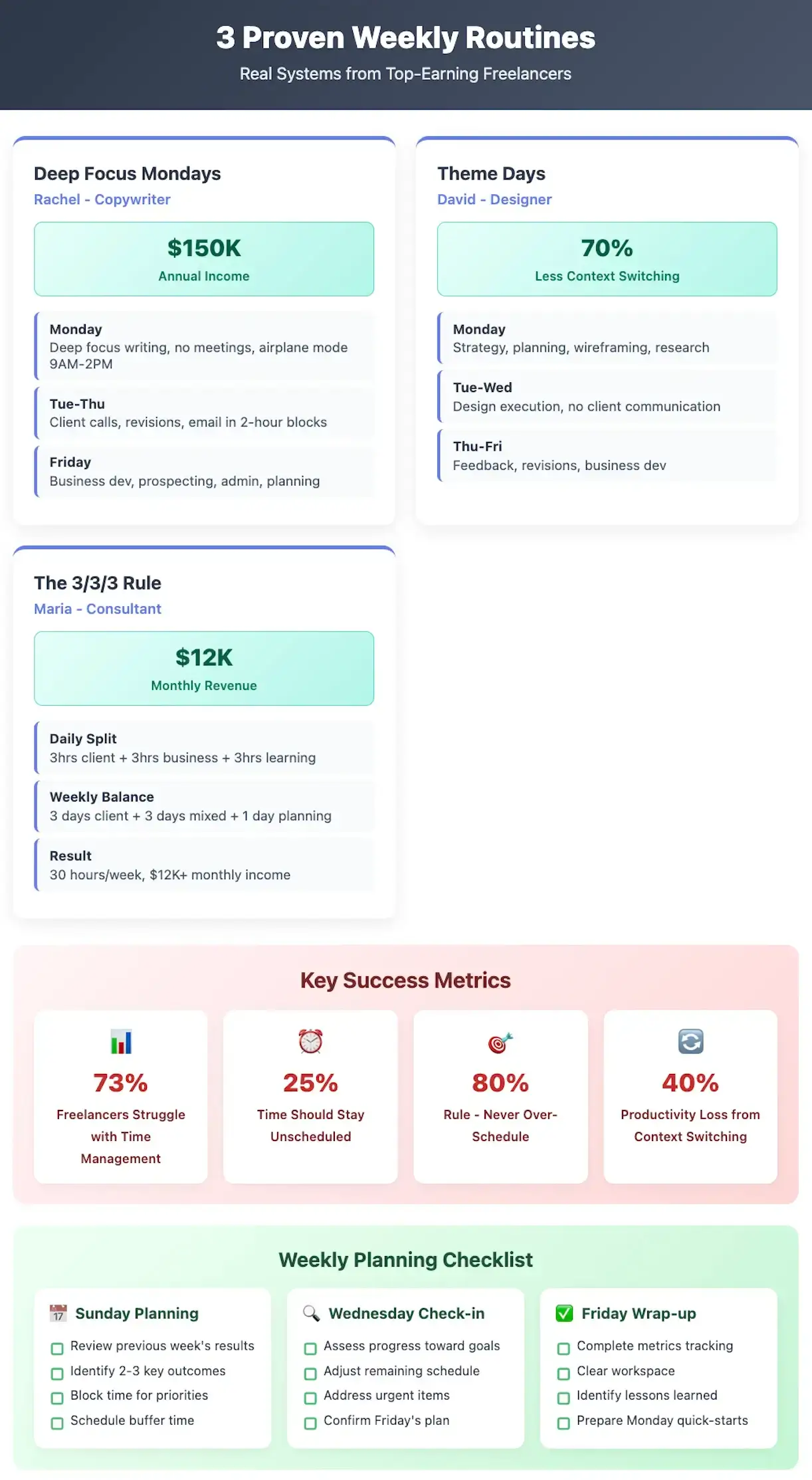 Three proven weekly planning systems used by top freelancers, with success metrics and planning checklist