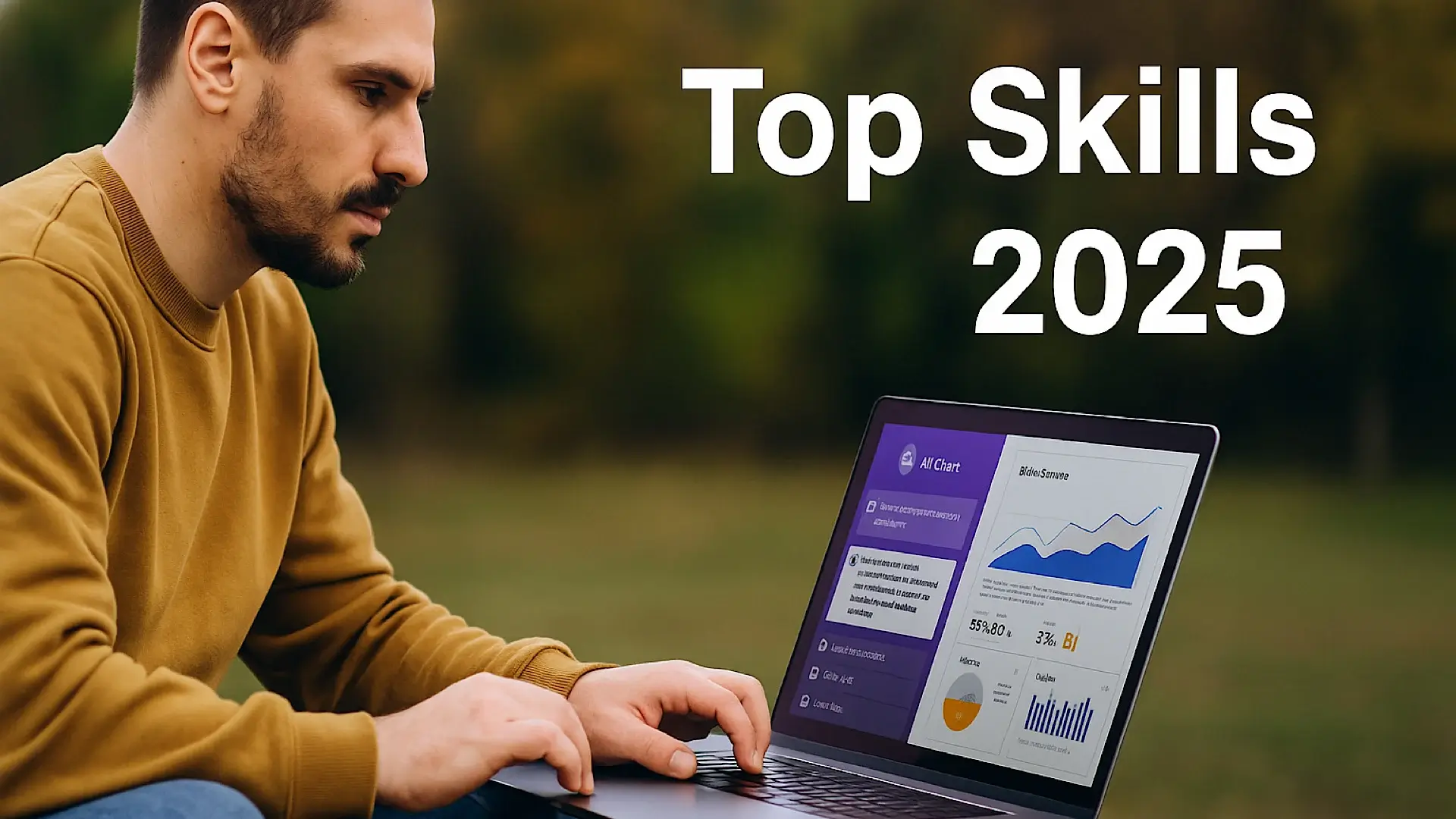 Freelancer working with AI tools and data analytics interface outdoors – showcasing top freelance skills in 2025