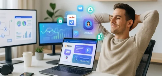 A confident freelancer working efficiently in a modern home office using automation tools like Zapier and AI dashboards in 2025