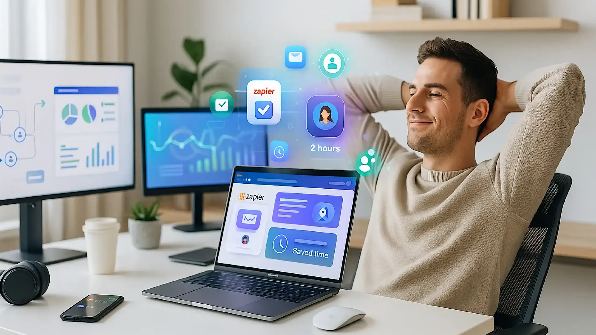 A confident freelancer working efficiently in a modern home office using automation tools like Zapier and AI dashboards in 2025