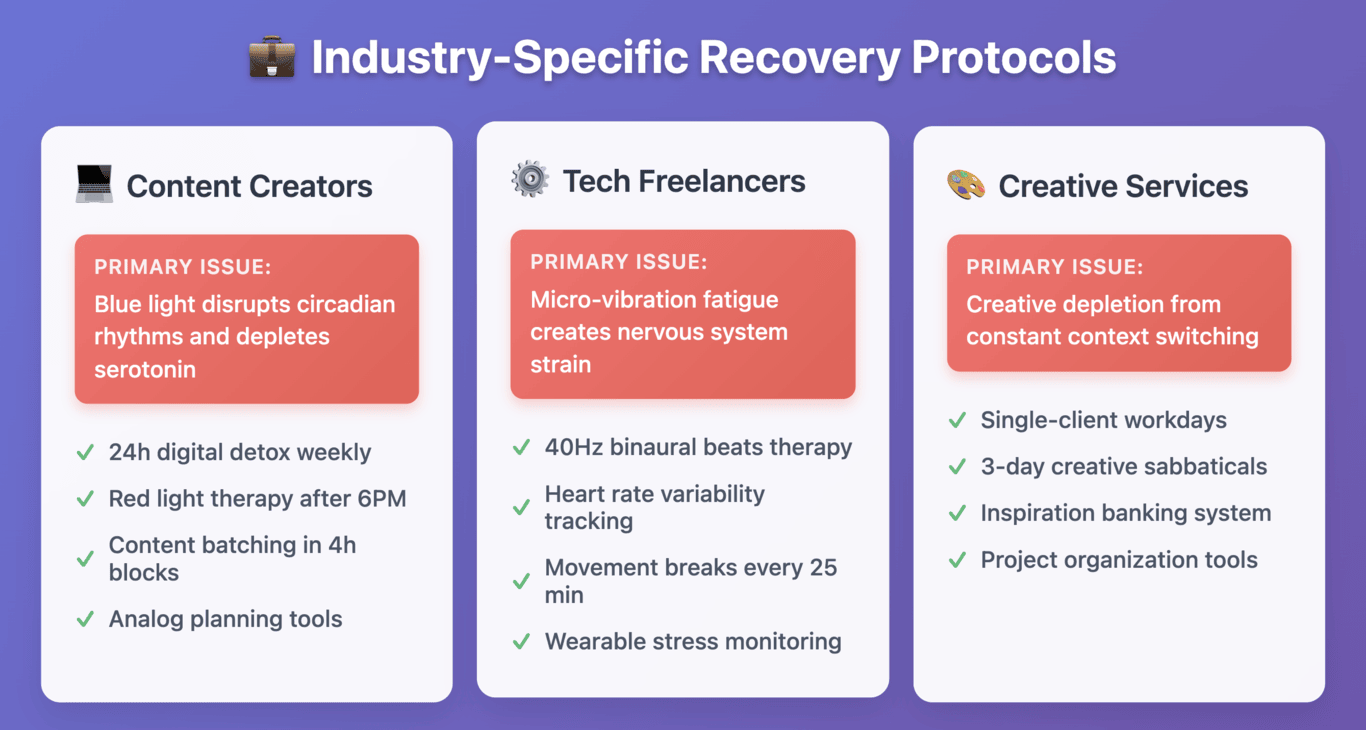Infographic showing industry-specific freelancer burnout recovery protocols for 2025: content creators, tech freelancers, and creative service providers.