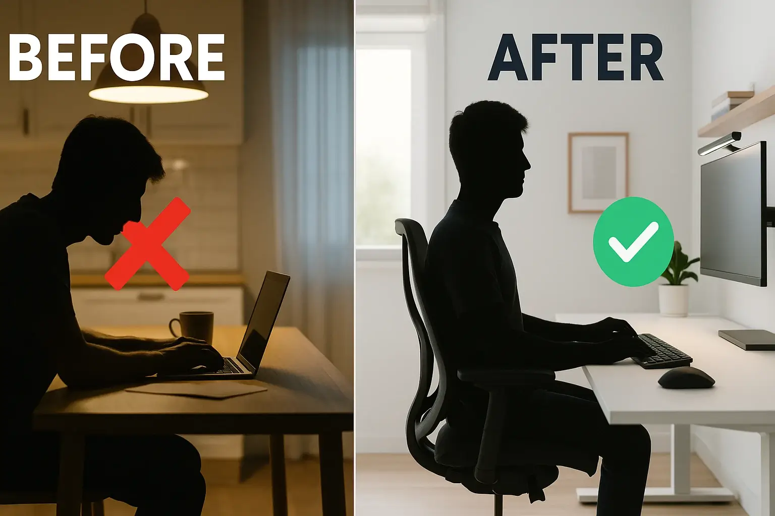 Before and after freelancer ergonomic setup comparison showing bad posture vs ideal home office in 2025
