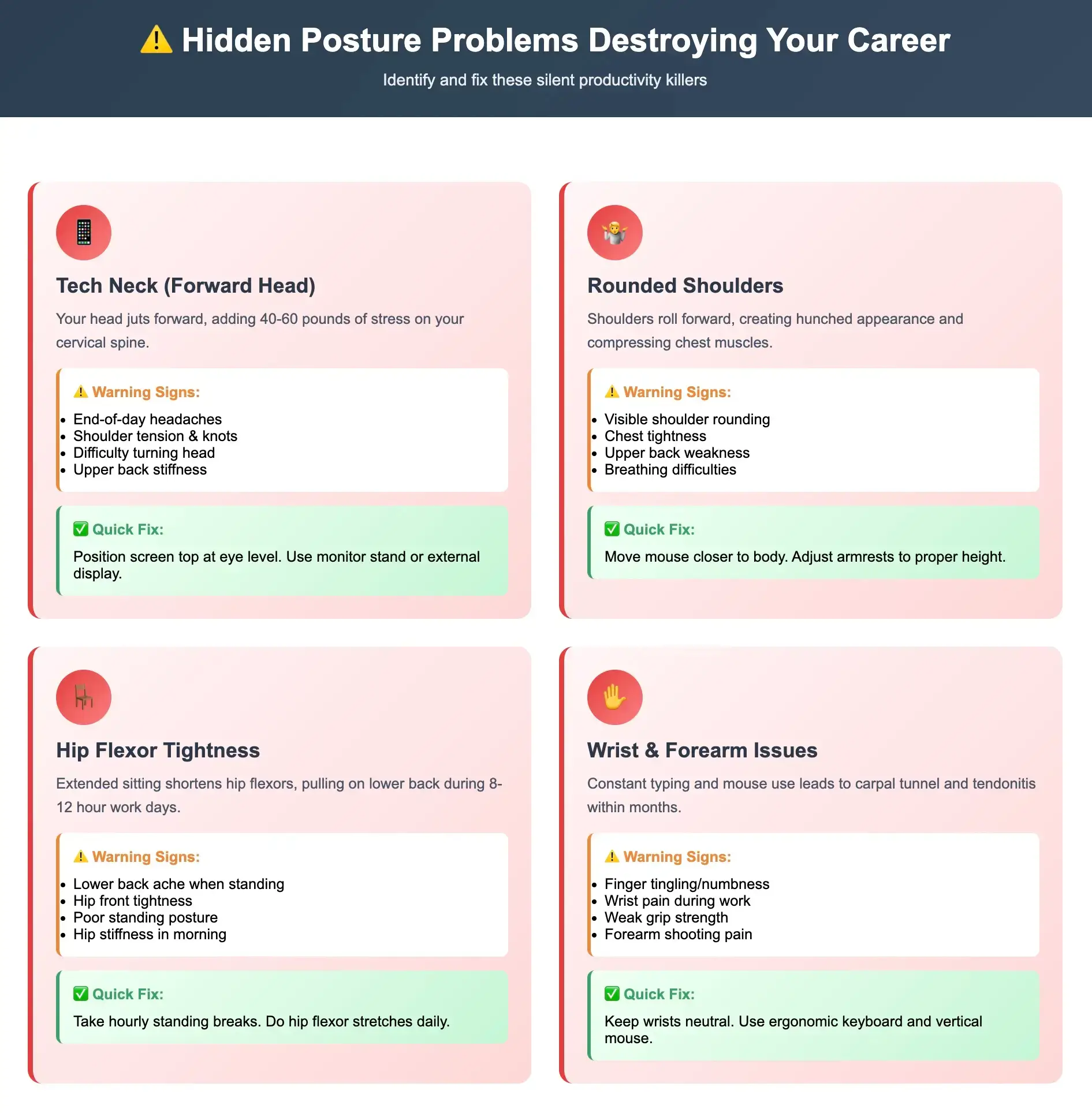 Freelancer posture problems infographic: tech neck, rounded shoulders, hip tightness, wrist strain with quick ergonomic fixes