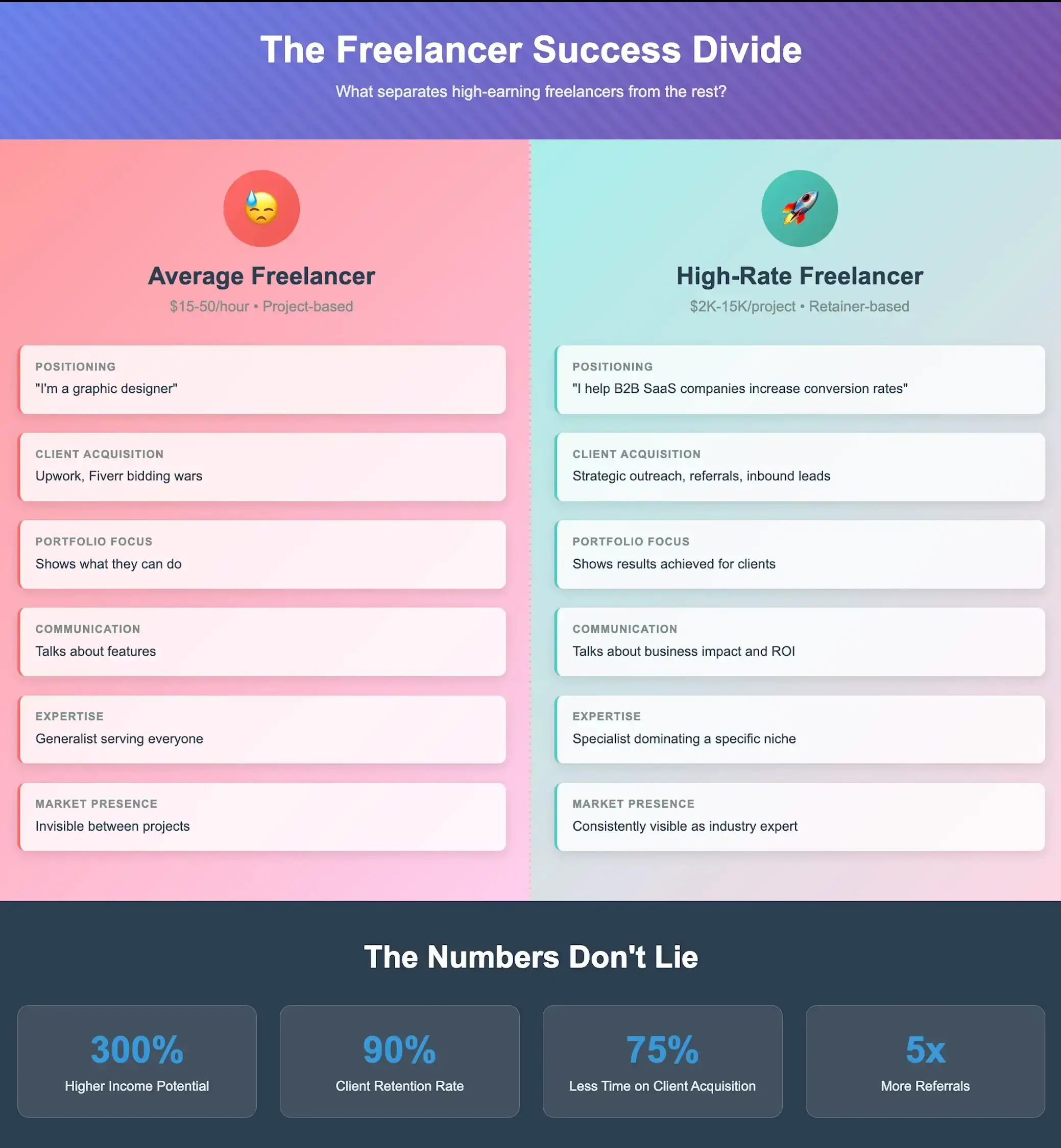 Visual comparison of average freelancer vs high-rate freelancer showing how to attract high-paying clients in 2025