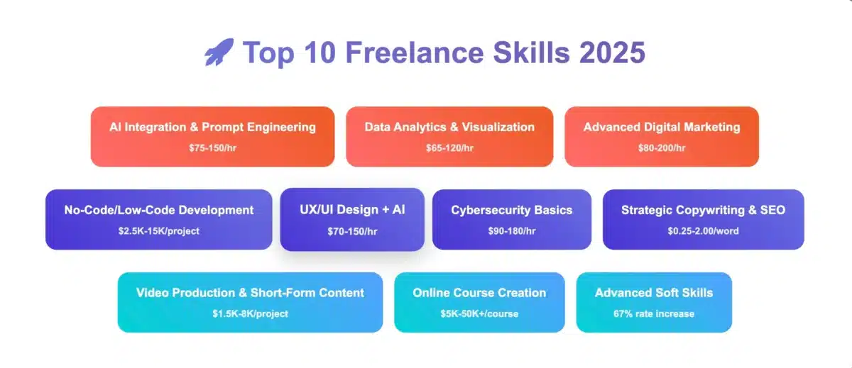 Top 10 freelance skills 2025 with income ranges for AI, data analytics, copywriting and more