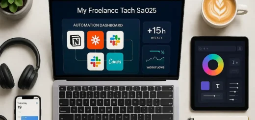 Budget freelance workspace setup with laptop, tablet, headphones, calendar, and workflow sketch on desk – 2025 productivity concept