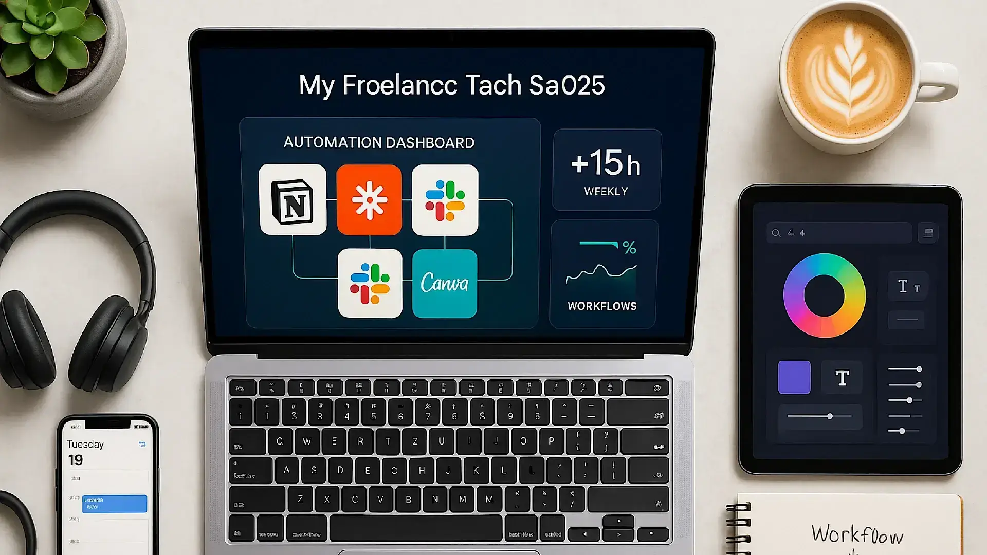 Budget freelance workspace setup with laptop, tablet, headphones, calendar, and workflow sketch on desk – 2025 productivity concept