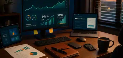 Freelancer home office setup with data dashboards and client analytics on multiple screens during golden hour