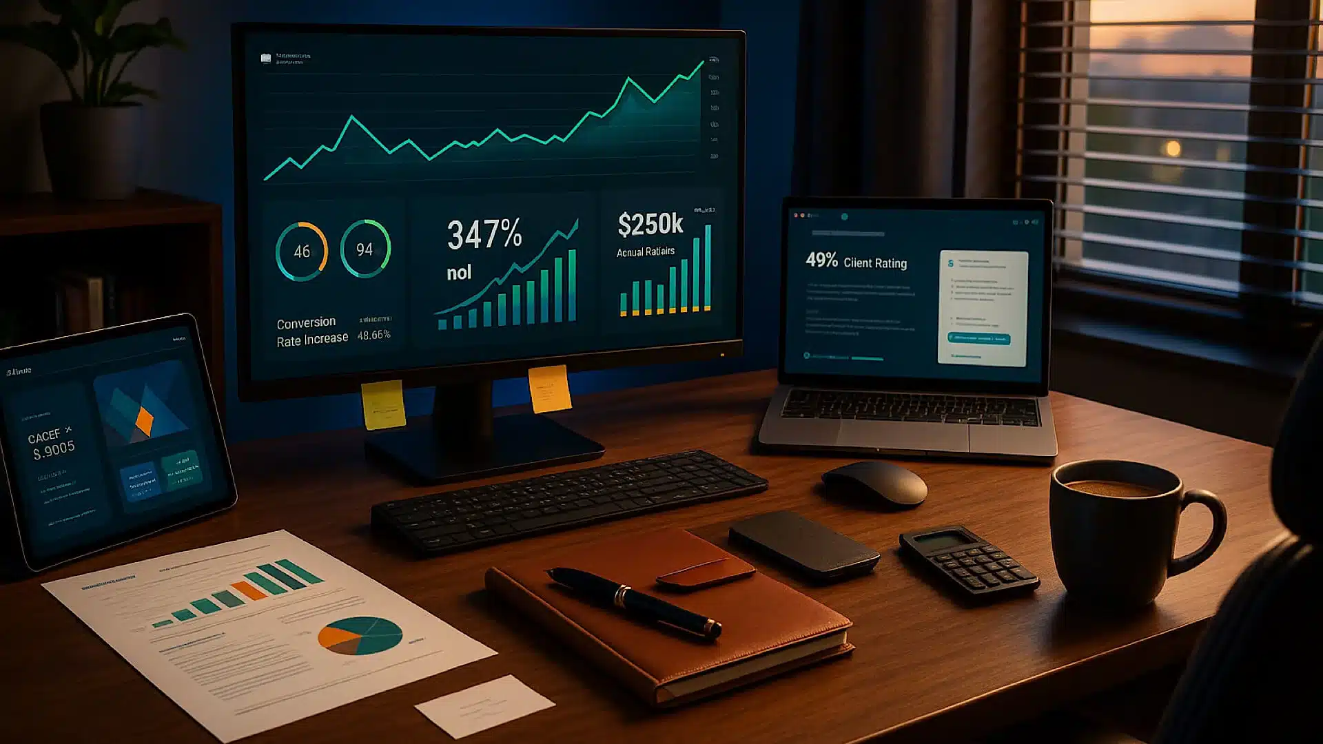 Freelancer home office setup with data dashboards and client analytics on multiple screens during golden hour