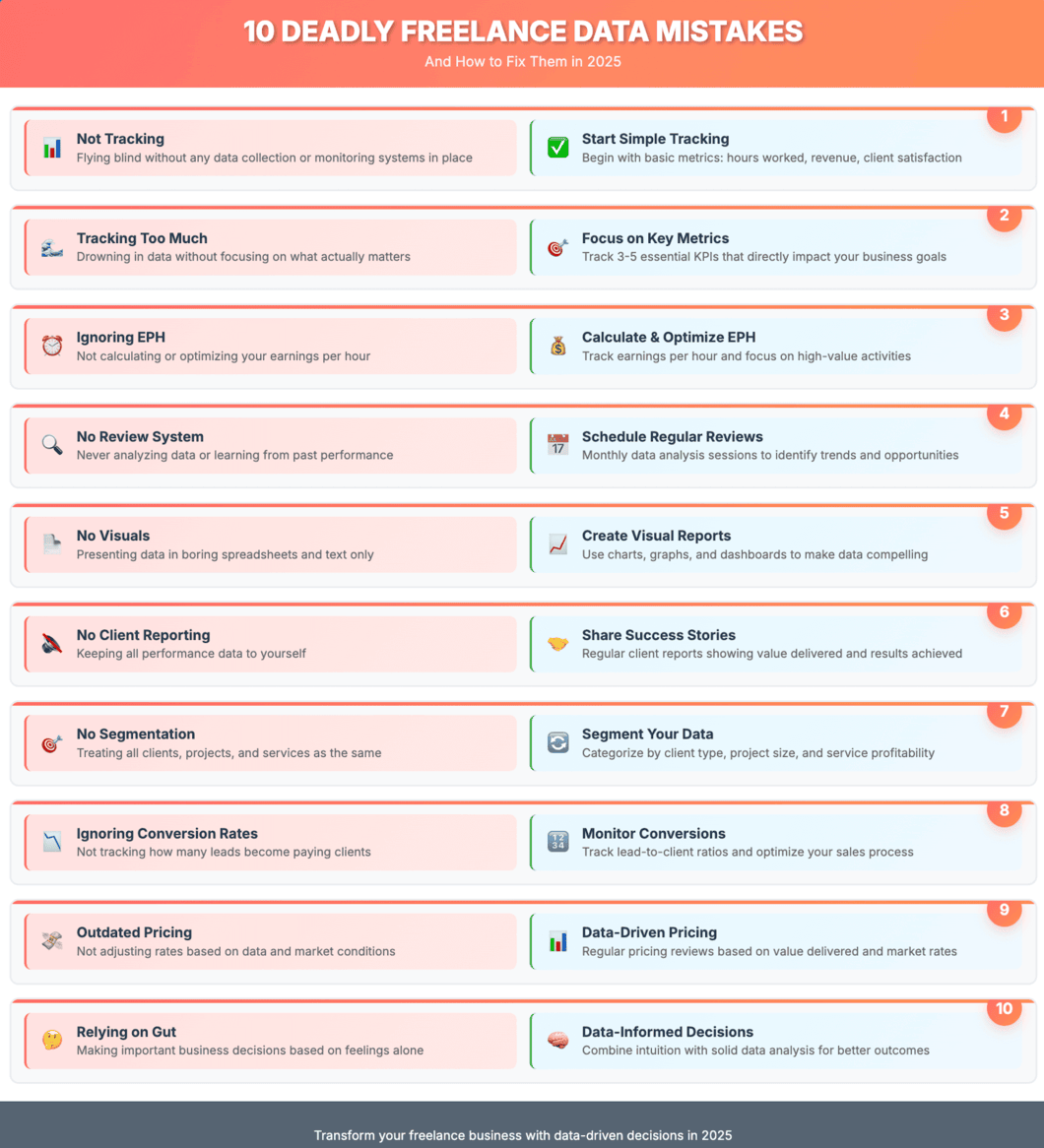 Infographic listing 10 common freelance data mistakes and their solutions for 2025, including not tracking data, ignoring earnings per hour (EPH), lack of review systems, no visuals, no client reporting, segmentation errors, outdated pricing, and more.