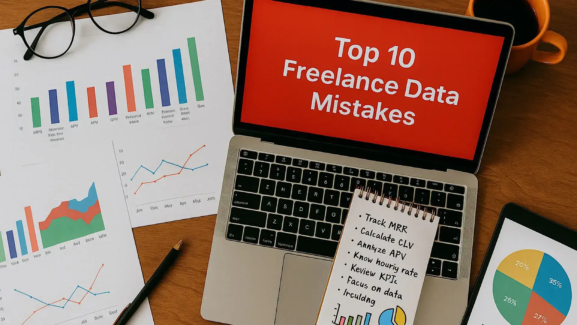 Flat lay photo of a freelancer's desk with charts, notes, and a laptop displaying freelance data metrics — illustrating common data mistakes in 2025.