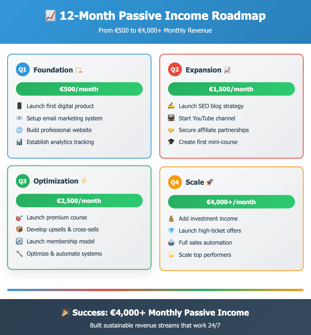 Passive income evaluation matrix 2025 comparing affiliate marketing, blogging, YouTube, digital products, real estate, and online courses by time, scalability, risk, and effort.