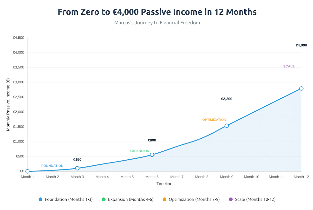 From zero to €4,000 in 12 months chart showing freelance passive income strategies, residual income ideas, and how to earn passive income with digital products, real estate passive income, and other passive revenue ideas in 2025.
