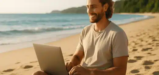 A young freelancer working on a laptop at the beach, symbolizing financial freedom through passive income strategies in 2025