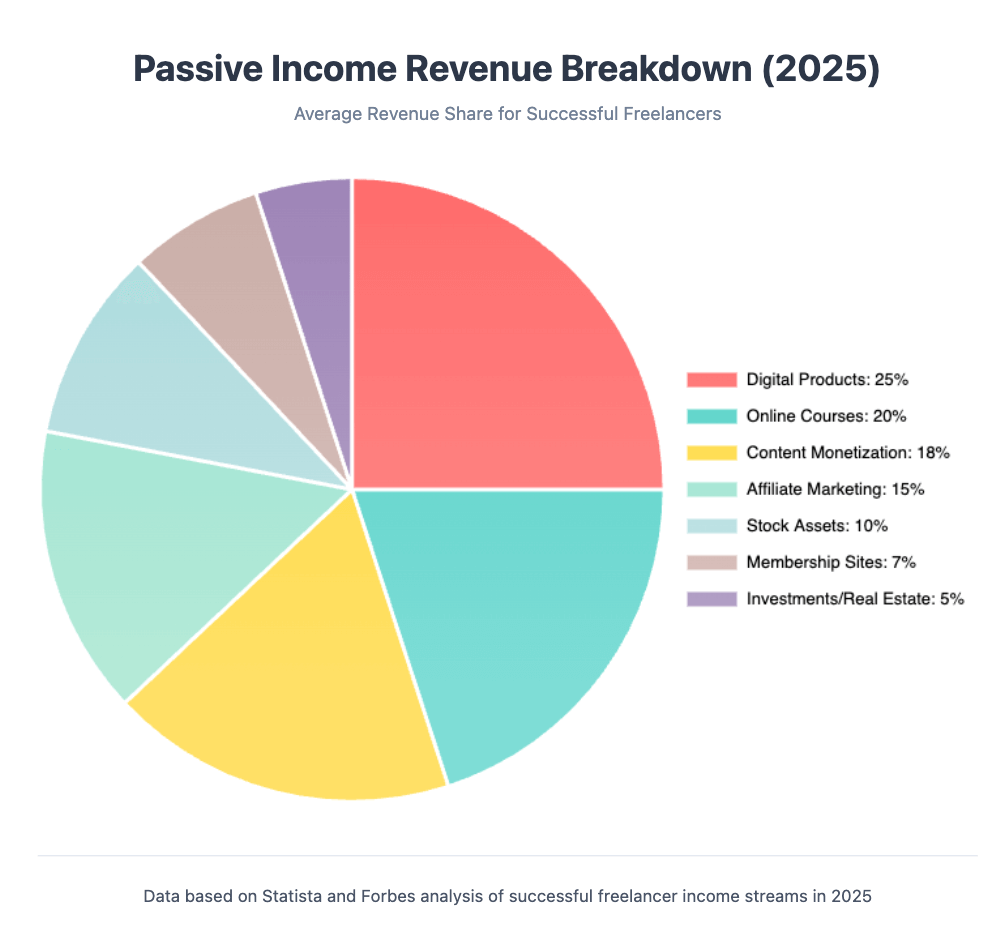 Passive income revenue breakdown chart for freelancers in 2025 showing digital products, online courses, content monetization, affiliate marketing, stock assets, membership sites, and real estate passive income.